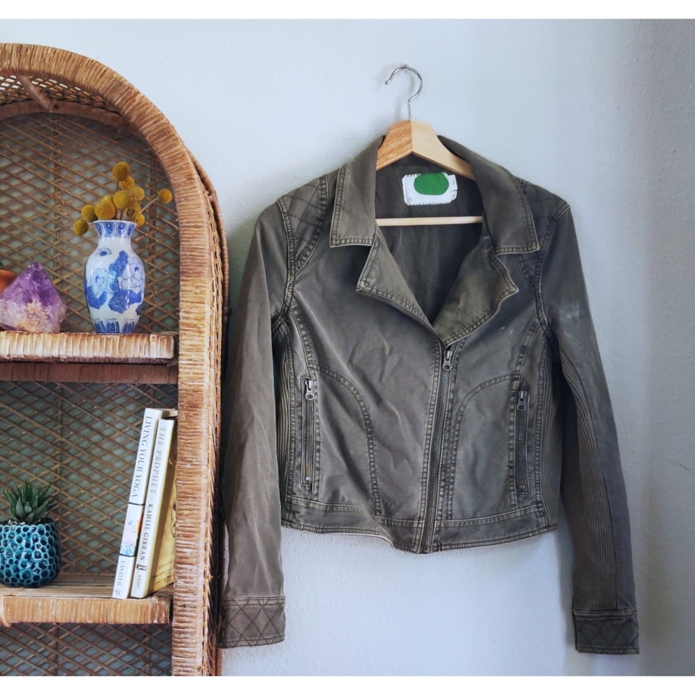 Anthropologie Army Green Zip Up Crop Jacket